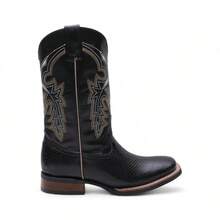 Bota Vaquera Clásica para Hombre - Estilo 0203 - Bordado  Elegante en Caña - Punta Semi-Cuadrada y Tacón Vaquero Cubano - Calzado de Fiesta y Rodeo de Alto Impacto. - Negro - Ver 4