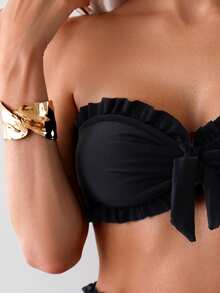 Swim Basics 女士夏季沙滩纯色荷叶边抹胸比基尼套装，前系带，两件式泳衣黑色泳装 - 黑色 - 查看 5