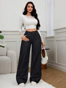 SHEIN Tall Quần jean ống rộng kẻ sọc màu đen thời trang mùa đông cho nữ đi làm, cạp ren thanh lịch với họa tiết chắp vá - màu đen - Xem 3