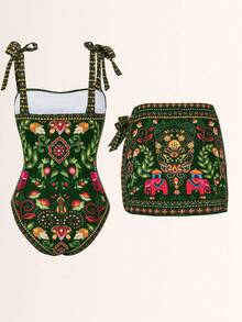 Swim Oasis 两件套：定位印花吊带上衣+定位印花半裙，夏季套装 - 彩色 - 查看 2