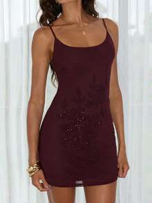 Opulessa 纯色针织网纱吊带裙，修身迷你连衣裙，女士度假装 - 棕色 - 查看 3