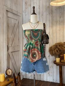 Wildy Summer Mandala Print Asymmetrical Hem Tube Bodycon Top - Multicolor - View 4