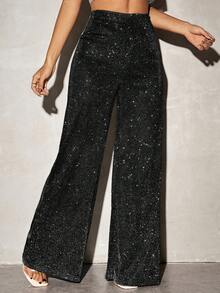 SHEIN PETITE CURVE Spodnie damskie z wysokim stanem i szerokimi nogawkami, w dużych rozmiarach, z błyszczącej dzianiny - Czarne - Zobacz 4