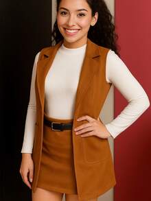 Set 4 Piezas para Dama en Gamuza.  Falda Short, Chaleco, Blusa y Cinturón.  Moda Casual. Cómodo. - Tabaco - Ver 1