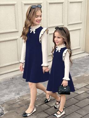 SHEIN Serisse Kids فستان سويتر أنيق بأكمام طويلة وياقة مكشوفة الكتفين، بتصميم ربطة عنق من نسيج جاكارد بلون البرتقالي والأزرق، مناسب للمراهقات، لحفلات العودة إلى المدرسة والمناسبات الرسمية، ملابس خريفية وشتوية