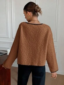 SHEIN 少女撞色圆领装饰口袋外套，长袖毛领外套，毛绒大衣，柔软面料，舒适贴身，女童秋季服装，秋冬外套 - 卡其色 - 查看 6
