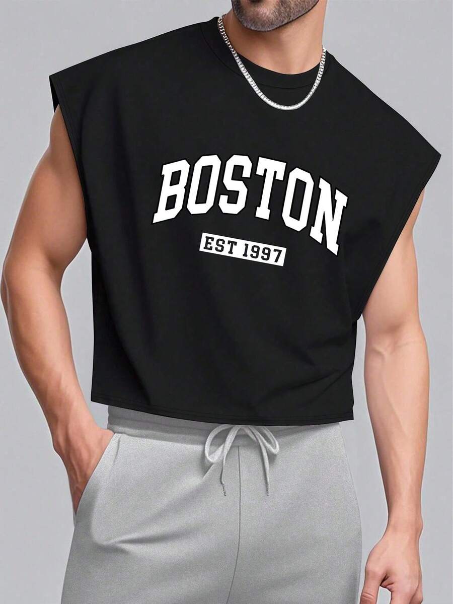 Manfinity Dauomo 男士无袖衬衫，黑色，图案设计，字母印花，经典百搭色，街头风、户外风、运动风、日常穿着皆宜，纯色设计，适合健身、锻炼、休闲等场合，男士简约无袖上衣 - 黑色 - 查看 1