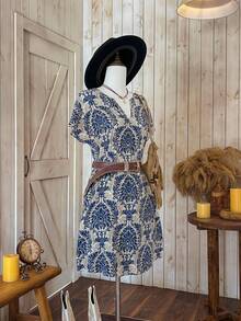 Wildy Women's Floral Print V-Neck Batwing Sleeve Casual Dress - Navy Blue - View 3