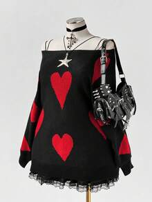 Sunspun 大码女式Y2K街头风五角星提花宽松船领蝙蝠袖舒适针织套头毛衣，适合秋冬季和返校季穿着。 - 黑色 - 查看 5