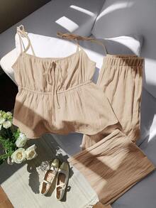 Comfortcana 女士梭织棉休闲度假卡其色吊带背心和裤子套装 - 卡其色 - 查看 7