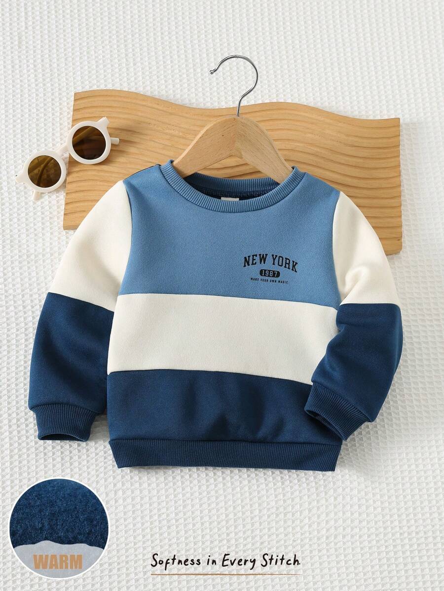 Cozy Pixies Unisex Baby Loose Color Block Patchwork Blue Fleece Thick Pullover Pullover Sweatshirt, Suitable For Winter - Blue - View 1