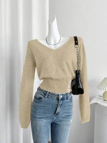 Celisse Áo len dài tay đơn giản, tối giản, màu trơn dành cho nữ - Màu be - Xem 4