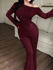 Feyla 女士时尚休闲斜肩上衣和裤子两件套 - 酒紅色 - 查看 4