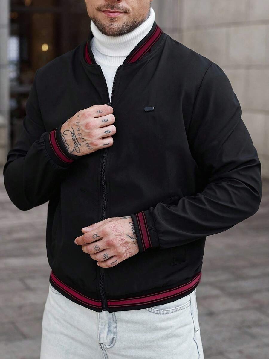 Manfinity Homme Men's Striped Patchwork Zip-Up Casual Baseball Long Sleeve Jacket Men Zip Up Jacket Black Jacket For Men Black Varsity Jacket Jackets Casual - Black - View 1