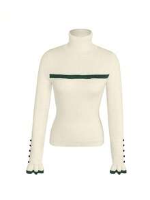 SHEIN LUNE Sweater Rajut Lengan Panjang Wanita Model Turtleneck dengan Kancing dan Rumbai, Dilengkapi Pita dan Lapisan Termal yang Pas di Badan - MultiWarna - View 4