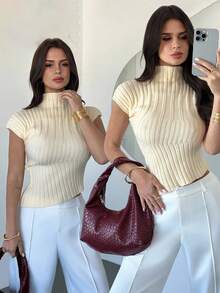Firerie Elegant Commuter Solid Color Stand Collar Asymmetric Hem Knit Top - Light Yellow - View 2