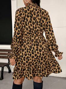 Lounesse Vestido de manga larga con cuello alto y estampado de leopardo para mujer de talla grande, vestido con manga farol, volantes en el bajo y cinturón, para otoño/invierno - Multicolor - Ver 4