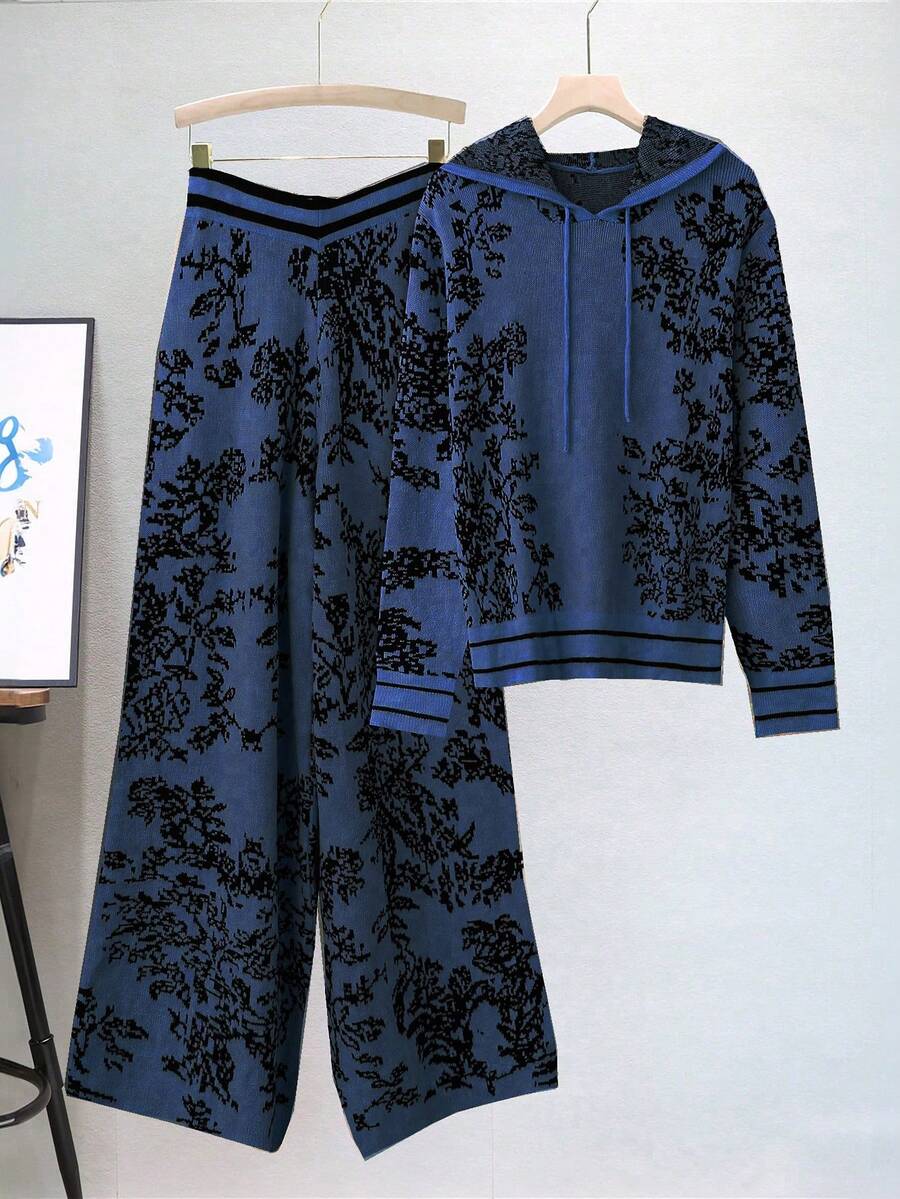 Linhara 2pcs Plus Size Women Minimalist Solid Color Print Sweater Set,Blue Butterfly,Autumn,Curve,Smart Casual,Loungewear Fall Winter Clothes For Gala,Holiday - Blue - View 1