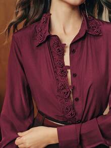 Anewsta 女士秋季新款缀饰花卉蕾丝边长袖衬衫 - 黑色 - 查看 1