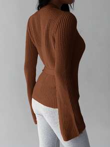 SHEIN MOOSTA Áo khoác cardigan buộc chéo phía trước đơn sắc tối giản thời trang hàng ngày đa năng dành cho nữ - màu nâu - Xem 2