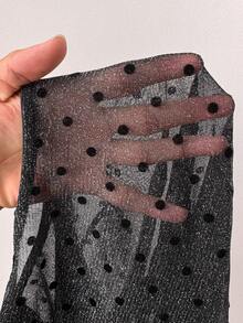 Sunspun Silver Metallic Mesh Polka Dot Flocked Fitted Crew Neck Long Sleeve Plus Size T-Shirt