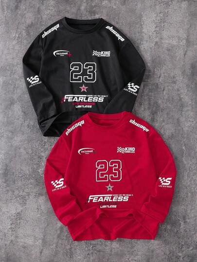 两件套男童红黑长袖T恤，面料柔软舒适，适合夏季、户外活动、上学、摄影、旅行等各种场合，是青少年男孩的必备单品，男女皆宜。