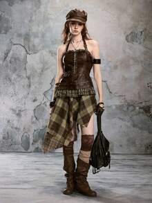 ROMWE Avant Vestido asimétrico de mujer con estampado a cuadros de piel sintética marrón oscuro en estilo retro romántico punk y distópico - Marrón - Ver 7