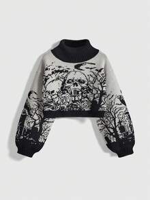 ROMWE Goth Women's Mock Neck Dark Castle Moon Skull Jacquard Contrast Color Knit Sweater - Black - View 1