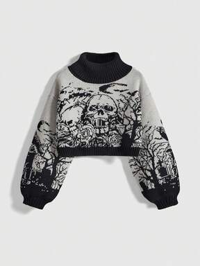 Goth Women's Mock Neck Dark Castle Moon Skull Jacquard Contrast Color Knit Sweater