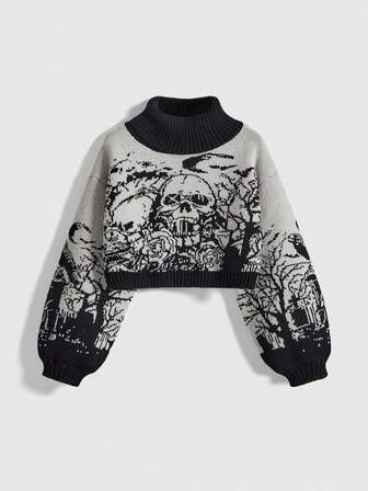 Goth Women's Mock Neck Dark Castle Moon Skull Jacquard Contrast Color Knit Sweater