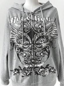 Sunspun Áo nỉ nữ cỡ lớn dáng rộng, in chữ và hình cánh chim, cổ tay bo gân và khóa kéo phía trước. - Xám - Xem 8