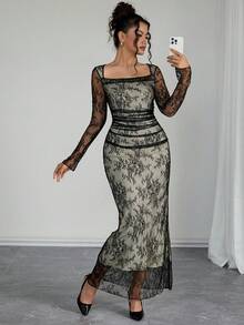 Rafferiza Vestido elegante de manga larga con cuello de cisne, encaje floral y plisado ajustado para mujer - Negro - Ver 5