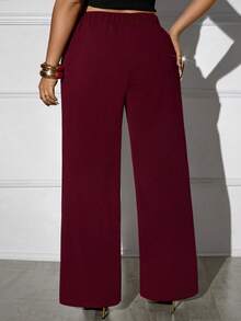 Femmeverse Plus Size Elegant Burgundy Solid Color Wide Leg Pants, Suitable For Commuting,Party,Office,Christmas,Thanksgiving Day,Light,Night Out For Women In Fall/Winter