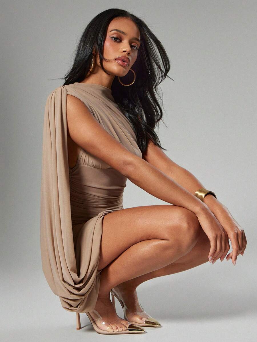 Hauture Women's Sexy Ruched Bodycon Sleeveless Mini Dress - Camel - View 1