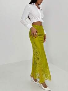 Aloruh Váy ren tương phản màu trơn thời trang thanh lịch dành cho nữ - Màu Mù tạt vàng - Xem 6