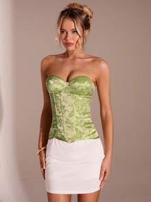 SHEIN Glamour SHEIN 魅力女士性感无肩带抹胸露脐上衣，复古风格修身绿色派对优雅休闲无肩带上衣 - 綠色 - 查看 4