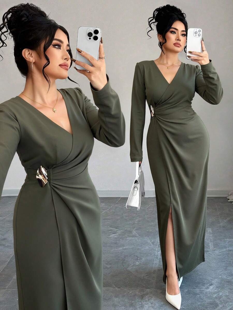 Elenzga Váy xẻ tà cổ chữ V màu trơn thanh lịch cỡ lớn cho nữ - xanh quân đội - Xem 1