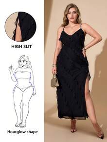 Hourglow Robe camisole à volants multicouches avec fente sur le côté pour femmes de grande taille, couleur unie, , pour silhouette en sablier et en forme d'heure de sablier, 2026 Nouvel An - Noir - Voir 1