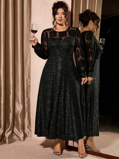 Cravure Plus Size Women's Glitter Mesh Maxi Dress Spliced Black Knitted Fabric Lantern Sleeve Dress Club Party Elegant Maxi Evening Dress