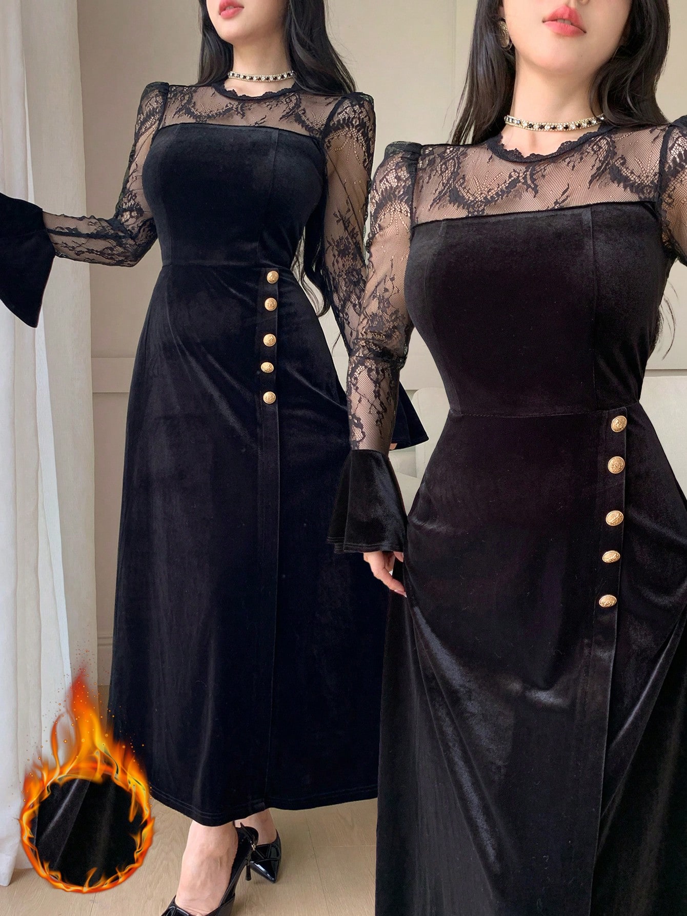 Feyla فستان طويل للنساء بأكمام واسعة مزخرف بالدانت...