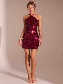 Glamine Váy ngắn hở lưng sequin trơn màu gợi cảm dành cho nữ - Màu Đỏ Sâu - Xem 3