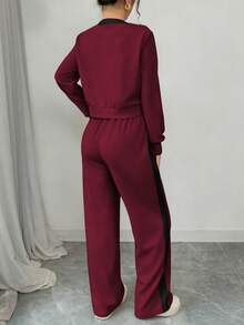 Selianne Set de 2 piezas: Cardigan de manga larga con botones y pantalones con bordado de flor de camelia - Óxido marrón - Ver 2