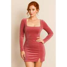 Vestido Corto Elegante con Escote Cuadrado Manga Larga para Mujer Dama Sexy para Eventos Fiestas Lindo Adorable - Rosa - Ver 1