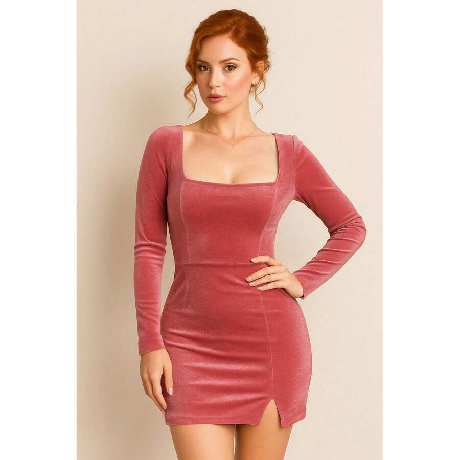 Vestido Corto Elegante con Escote Cuadrado Manga Larga para Mujer Dama Sexy para Eventos Fiestas Lindo Adorable - Rosa - Ver 1