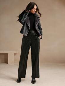 Anewsta 女式黑色 PU 皮革复合仿兔毛领夹克