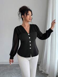 Elenzga Áo cánh màu trơn họa tiết chắp vá bằng vải voan thanh lịch dành cho nữ cỡ lớn - màu đen - Xem 4