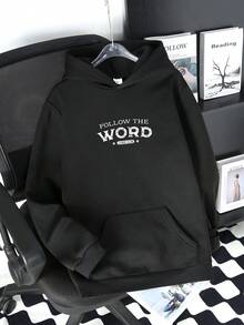 Áo nỉ giữ nhiệt có túi kangaroo, lót lông, in khẩu hiệu và hình đầu bò dành cho nam thiếu niên, thích hợp cho mùa Thu/Đông. - màu đen - Xem 2