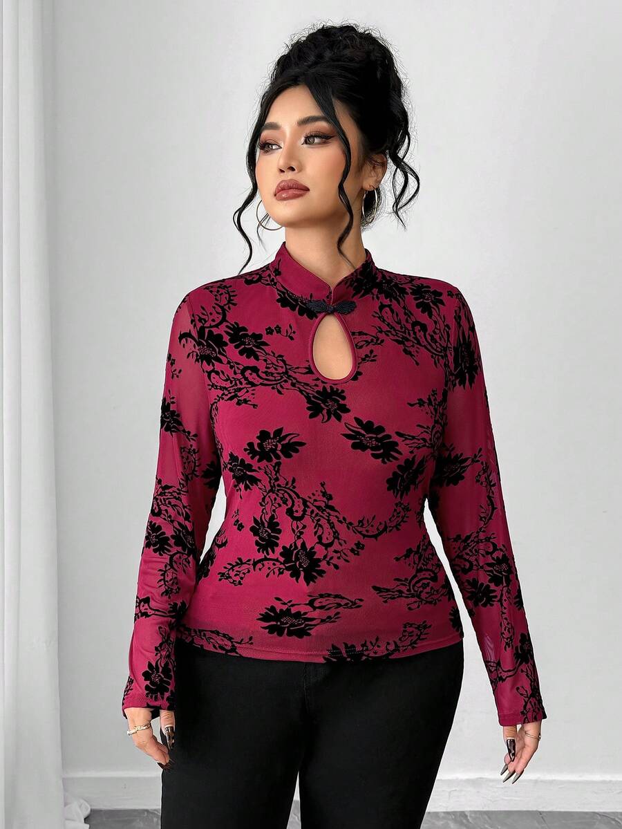 Elenzga Burgundy,Autumn,Elegant,Dinner Plus Size Women Mandarin Collar Printed Long Sleeve Button-Up T-Shirt,Fashionable Church Tops & Blouses For Women - Burgundy - View 1