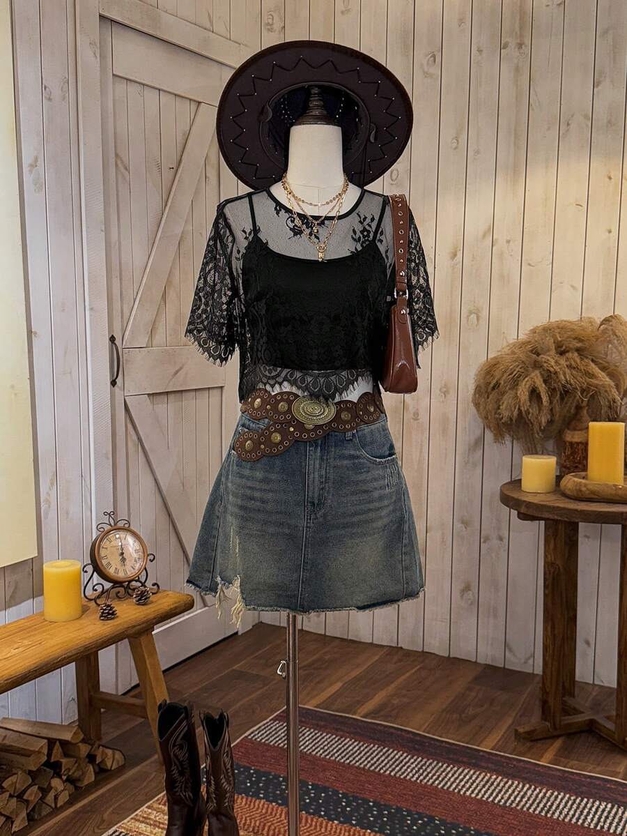 Wildy Heavy-Duty Mesh Top With Nail Beads, Pearls, And See-Through Design For Wedding Season - Black - View 1