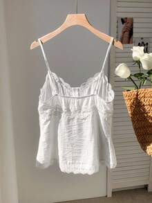 Comfortcana Women Solid Color Lace Splicing Button Design Summer Camisole Top - White - View 2